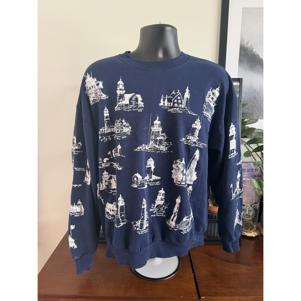VTG Lighthouse Sweatshirt Mens XL Navy Blue AOP Maine MASS RI 90s READ
